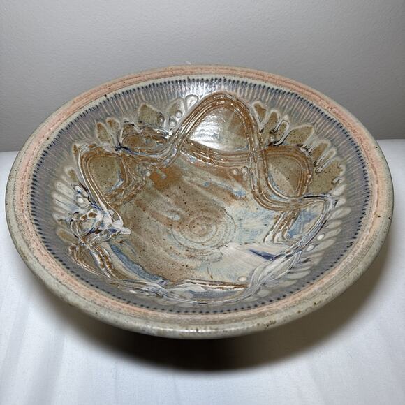 Julie Perry Signed Pottery Large Clay Bowl Tan Blue Glaze Celebrate the Wonder - Picture 1 of 12